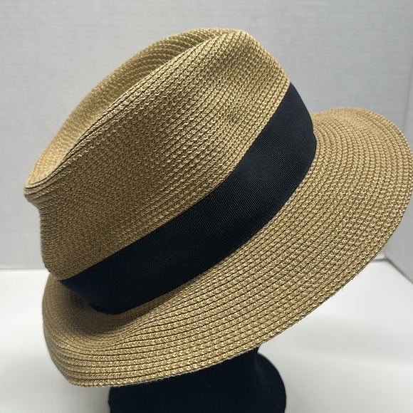 Eric Javits Fedora Packable Hat Straw Tan Brown Black Ribbon Sun Protection UPF - Picture 7 of 10